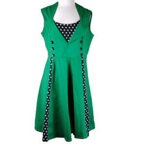 Xin YI Green Navy Polka Dot Sleeveless Square Neck A-line Midi Dress
